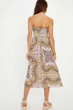 Fashion Oasis Crinkle Paisley Shirred Strapless Midi Dress Multi