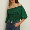 Outlet Oasis Crinkle Printed Shirred Bardot Top Green