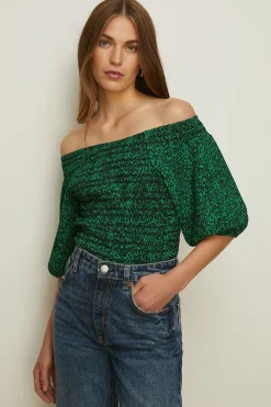 Outlet Oasis Crinkle Printed Shirred Bardot Top Green