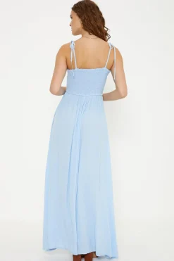 Hot Oasis Crinkle Shirred Maxi Dress Light Blue