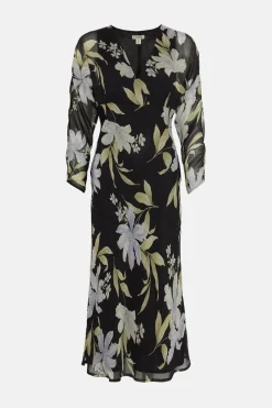 Clearance Oasis Crinkle Soft Floral Printed Midi Dress Black