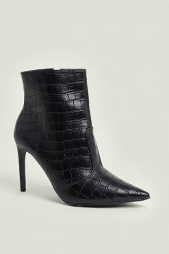 Fashion Oasis Croc Print Heeled Ankle Boots Black