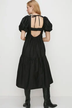 Online Oasis Crochet Knit Puff Sleeve Poplin Midi Dress Black