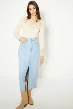 Online Oasis Crochet Trim Rib Knit Top Cream