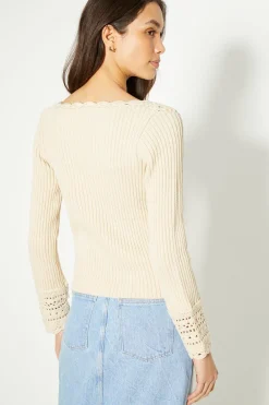 Online Oasis Crochet Trim Rib Knit Top Cream