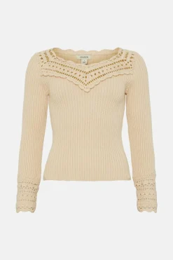 Online Oasis Crochet Trim Rib Knit Top Cream