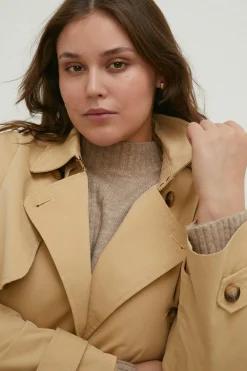 Outlet Oasis Curve Belted Button Detail Trench Coat Beige