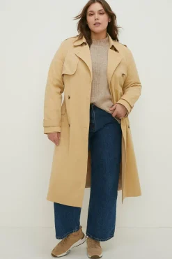 Outlet Oasis Curve Belted Button Detail Trench Coat Beige