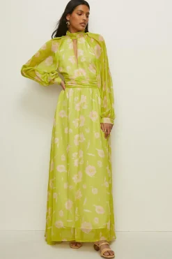 Hot Oasis Cut Out Chiffon Balloon Sleeve Maxi Dress Chartreuse