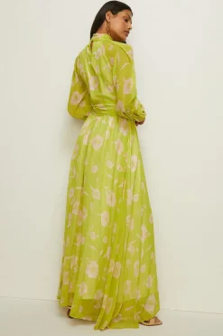 Hot Oasis Cut Out Chiffon Balloon Sleeve Maxi Dress Chartreuse