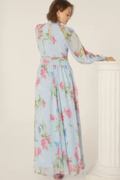 Best Oasis Cut Out Chiffon Balloon Sleeve Maxi Dress Blue