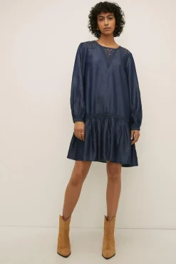 Hot Oasis Cut Work Yoke Thread Dress Dark Wash