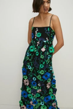 Outlet Oasis 3D Colourful Floral Babydoll Midi Dress Black