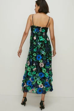 Outlet Oasis 3D Colourful Floral Babydoll Midi Dress Black