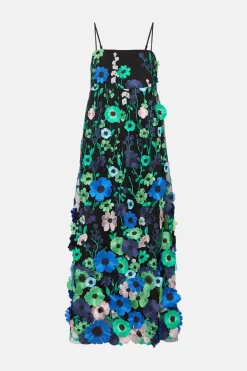 Outlet Oasis 3D Colourful Floral Babydoll Midi Dress Black