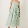 Online Oasis 3D Flower Mesh Babydoll Midi Dress Sage