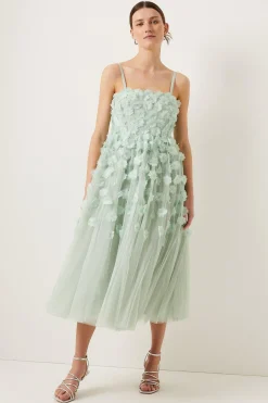 Online Oasis 3D Flower Mesh Babydoll Midi Dress Sage