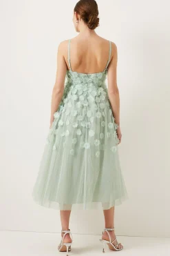 Online Oasis 3D Flower Mesh Babydoll Midi Dress Sage