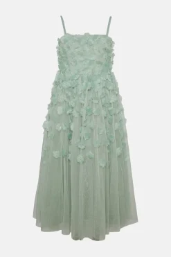 Online Oasis 3D Flower Mesh Babydoll Midi Dress Sage