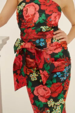 Outlet Oasis Dark Floral Bandeau Bow Midi Dress Black