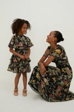 Fashion Oasis Dark Floral Dobby Tiered V Neck Midi Dress Black