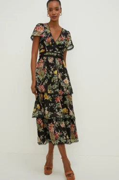 Fashion Oasis Dark Floral Dobby Tiered V Neck Midi Dress Black