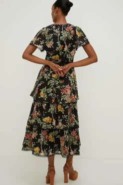 Fashion Oasis Dark Floral Dobby Tiered V Neck Midi Dress Black