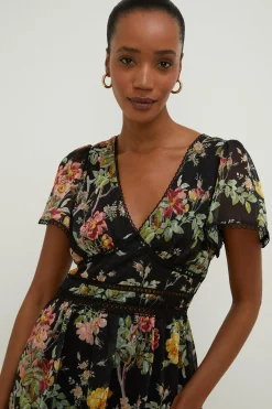 Fashion Oasis Dark Floral Dobby Tiered V Neck Midi Dress Black