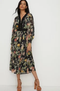 Hot Oasis Dark Floral Lace Dobby V Neck Midi Dress Black
