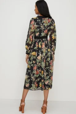 Hot Oasis Dark Floral Lace Dobby V Neck Midi Dress Black