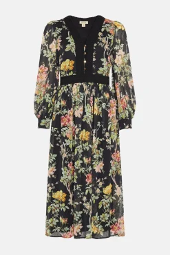 Hot Oasis Dark Floral Lace Dobby V Neck Midi Dress Black