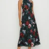 Online Oasis Dark Floral Satin Burnout Halter Midi Dress Black