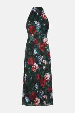 Online Oasis Dark Floral Satin Burnout Halter Midi Dress Black