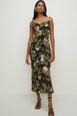 Clearance Oasis Dark Sequin Floral Cowl Neck Midi Dress Black