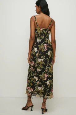 Clearance Oasis Dark Sequin Floral Cowl Neck Midi Dress Black