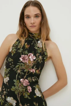 Sale Oasis Dark Sequin Floral Halter Neck Midi Dress Black
