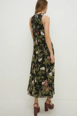 Sale Oasis Dark Sequin Floral Halter Neck Midi Dress Black