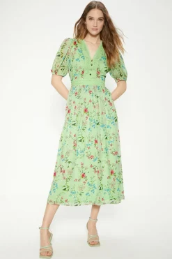 Online Oasis Delicate Floral Dobby V Neck Midi Dress Sage