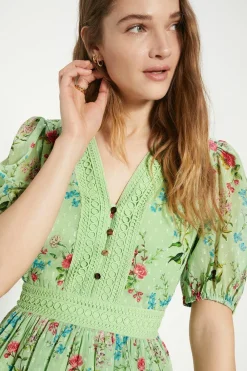 Online Oasis Delicate Floral Dobby V Neck Midi Dress Sage
