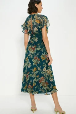 Discount Oasis Delicate Lace Floral V Neck Chiffon Midi Dress Bottle Green