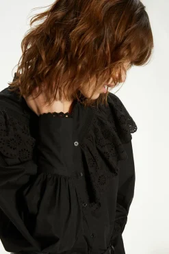Sale Oasis Detailed Broderie Lace Trim Ruffle Blouse Black