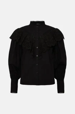 Sale Oasis Detailed Broderie Lace Trim Ruffle Blouse Black