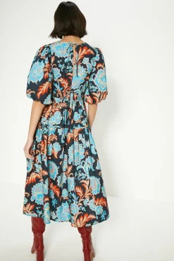 Online Oasis Detailed Pintuck Puff Sleeve Cotton Poplin Midi Dress Black