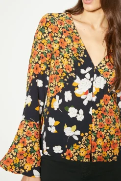 Discount Oasis Diagonal Floral Ruffle Sleeve Tea Blouse Multi