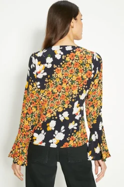 Discount Oasis Diagonal Floral Ruffle Sleeve Tea Blouse Multi