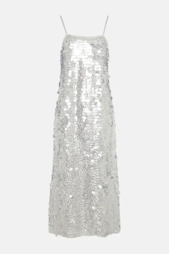 Fashion Oasis Disc Sequin Strappy Midi Dress Silver