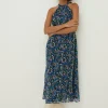 Fashion Oasis Ditsy Chiffon Halter Neck Pleated Maxi Dress Blue