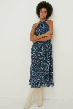 Fashion Oasis Ditsy Chiffon Halter Neck Pleated Maxi Dress Blue