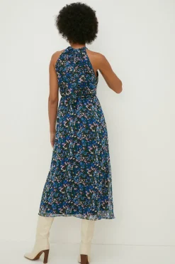 Fashion Oasis Ditsy Chiffon Halter Neck Pleated Maxi Dress Blue
