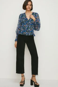 New Oasis Ditsy Chiffon Long Sleeve Top Blue
